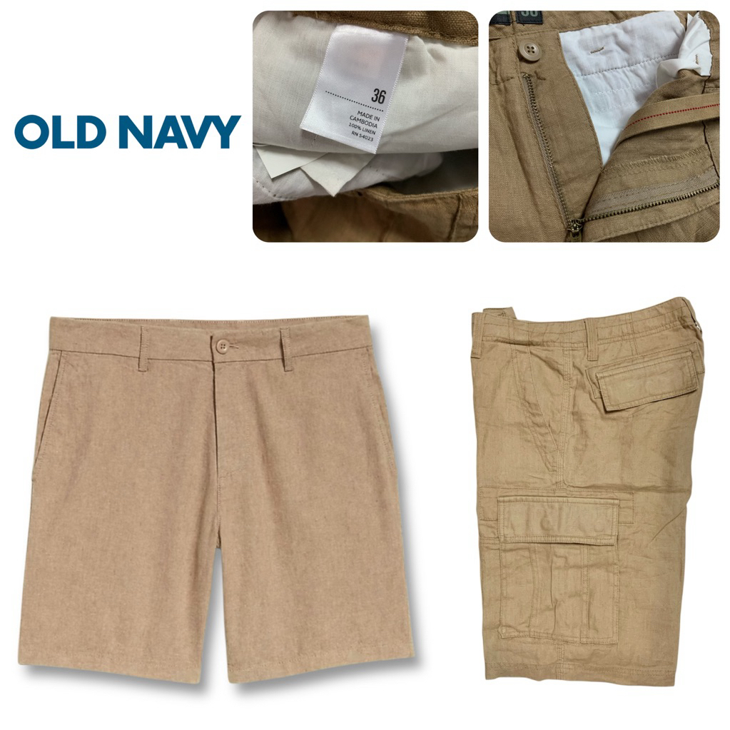 Old navy กางเกงขาสั้น ผู้ชายเท่าเข่า ลินิน สีกากี ของแท้ (ฆ3)