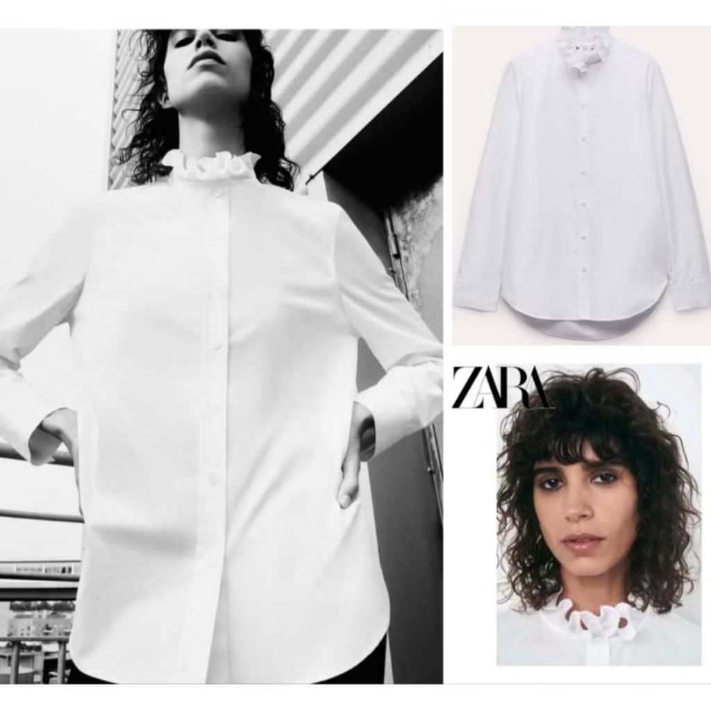 เสื้อ Zara แขนยาวสีขาวคอปืนแต่งดีเทลลูกไม้ ผ้าคอตตอน100%