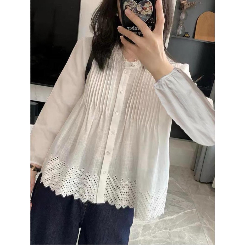 เสื้อลำลองน่ารัก เสื้อสุภาพ คอกลมขอบลูกไม้ 40“ แขนยาว สไตล์ญี่ปุ่น เกาหลี ตีเกร็ดช่วงอก ปักลายฉลุ Herbie Style