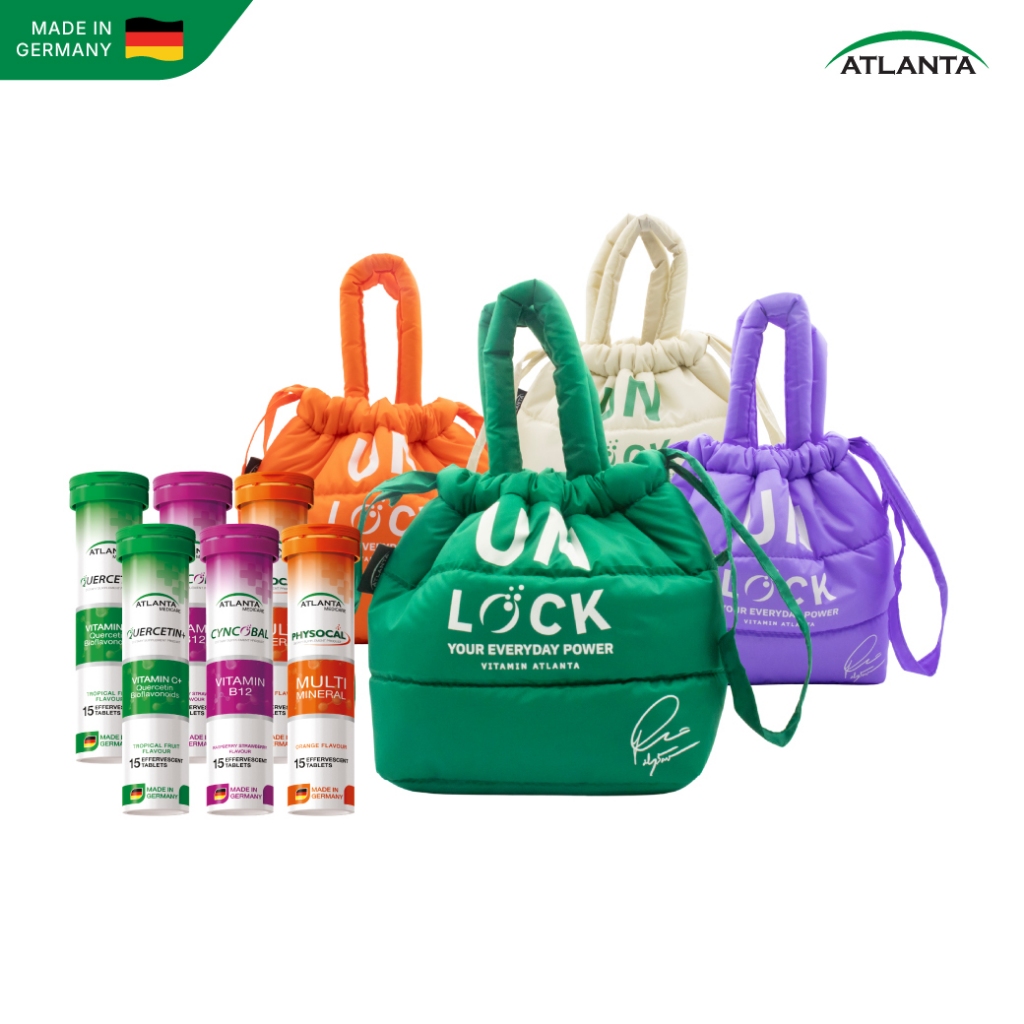 [6 หลอด+กระเป๋าเกี๊ยว] วิตามินเม็ดฟู่ Atlanta Cyncobal Vitamin B12 + Quercetin Vitamin C + Physocal 