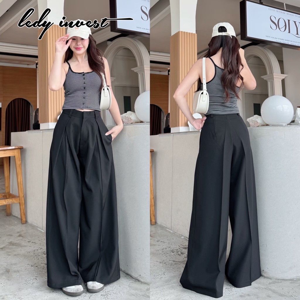 Old Money Pants กางเกงขากระบอกใหญ่ ผ้าทอลายพิเศษ จับจีบไขว้ กางเกงทำงาน ผู้หญิง ใส่เที่ยวได้ LT38