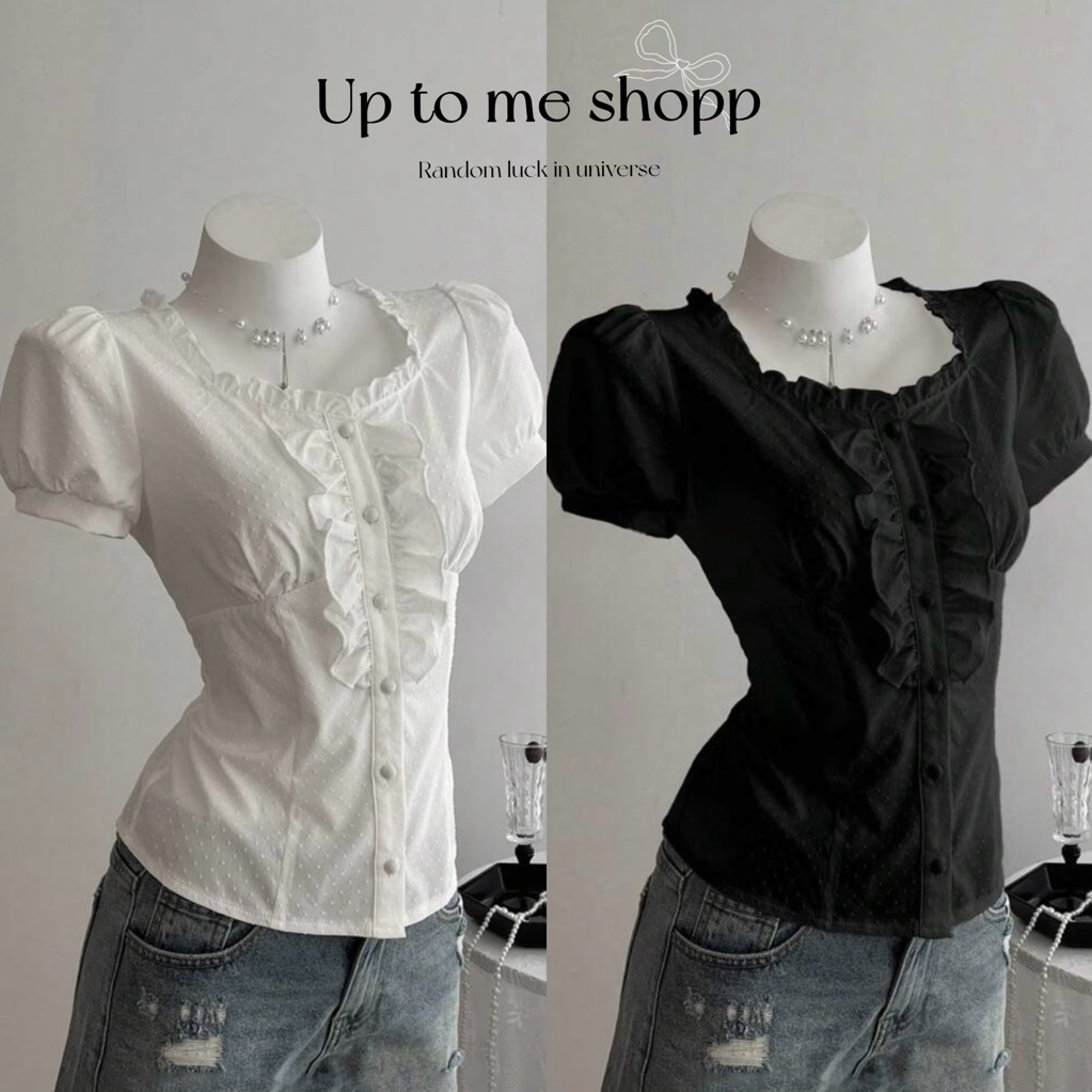 เสื้อเชิ้ตแขนตุ๊กตา โทนขาวดำ แต่งระบายหน้า มาใหม่ งานตามหา รุ่นขายดี