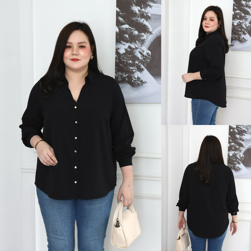 S350-0303 เสื้อเชิ้ตแขนยาว (สีดำ) อก 50-64" ผ้า Poly เนื้อดี ปกเชิ้ตคอกว้าง ทรงสวย พรางหุ่น เสื้อเชิ้ตสาวอวบ พลัสไซส์