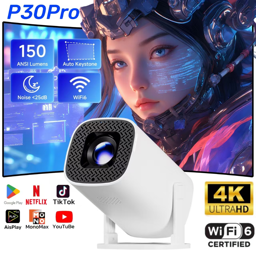 P30 Pro Mini 4K Projector Android14.0 โฮมเธียเตอร์ โปรเจ็กเตอร์ สนับสนุน HDMI WiFi6.0 บลูทูธ5.0