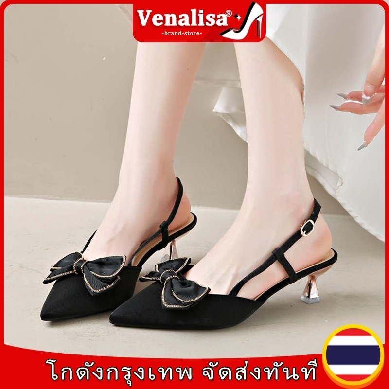 Venalisa ส้นสูงรองเท้าแตะ แหลม วัสดุหนัง โค้งคำนับ ใช้กับ งานออฟฟิศ งานเลี้ยงสังสรรค์ งานแต่งงาน5ซม.