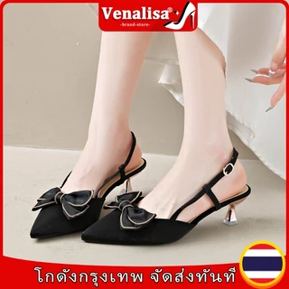 Venalisa ส้นสูงรองเท้าแตะ แหลม วัสดุหนัง โค้งคำนับ ใช้กับ งานออฟฟิศ งานเลี้ยงสังสรรค์ งานแต่งงาน5ซม.