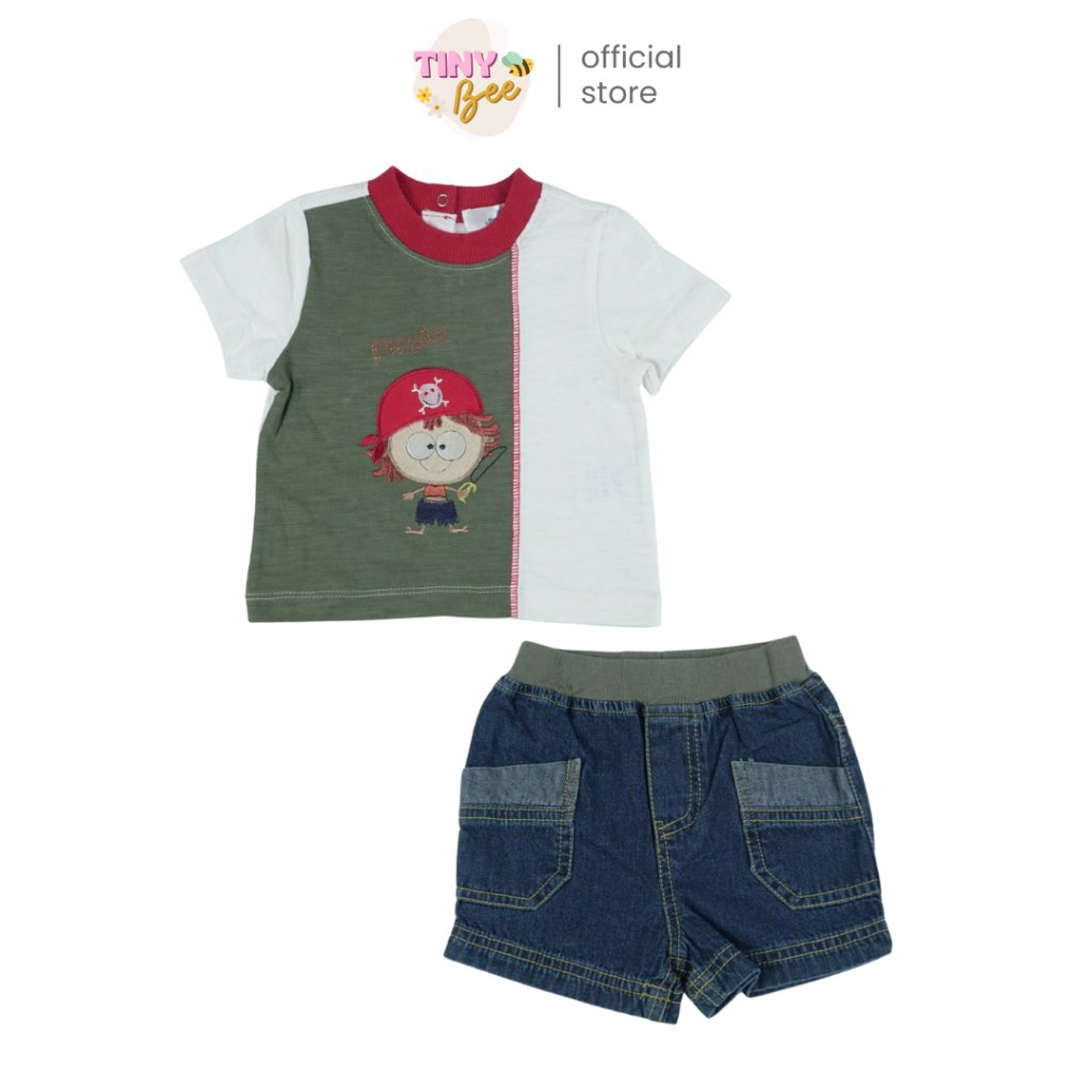 TinyBee (หลุดQC) ชุดเซ็ตเสื้อคอกลม กางเกงขาสั้น ชุดเด็กผู้ชาย ชุดเด็กน่ารัก สีเขียว อายุ 3-24 เดือน