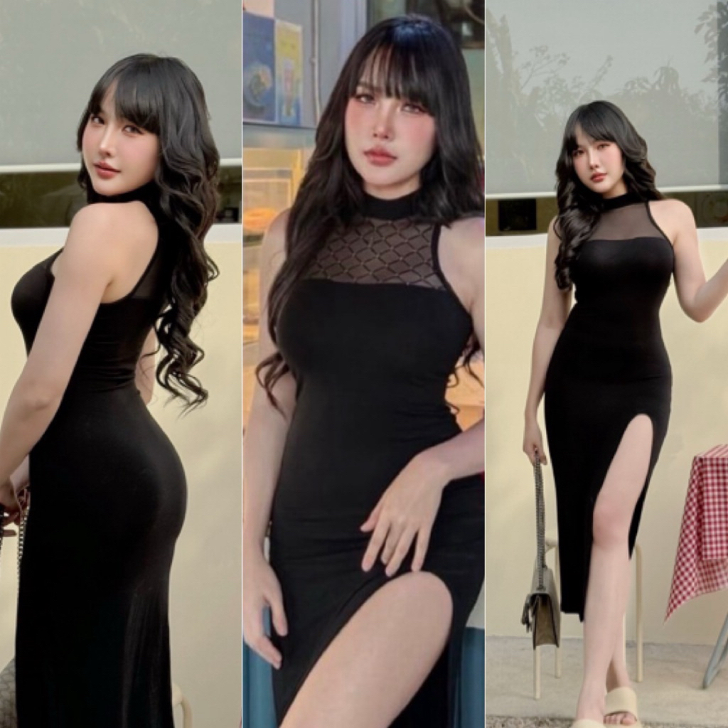ShopBypuy เดรสซีทรูผ่าข้างตัดต่อผ้าเรย่อน