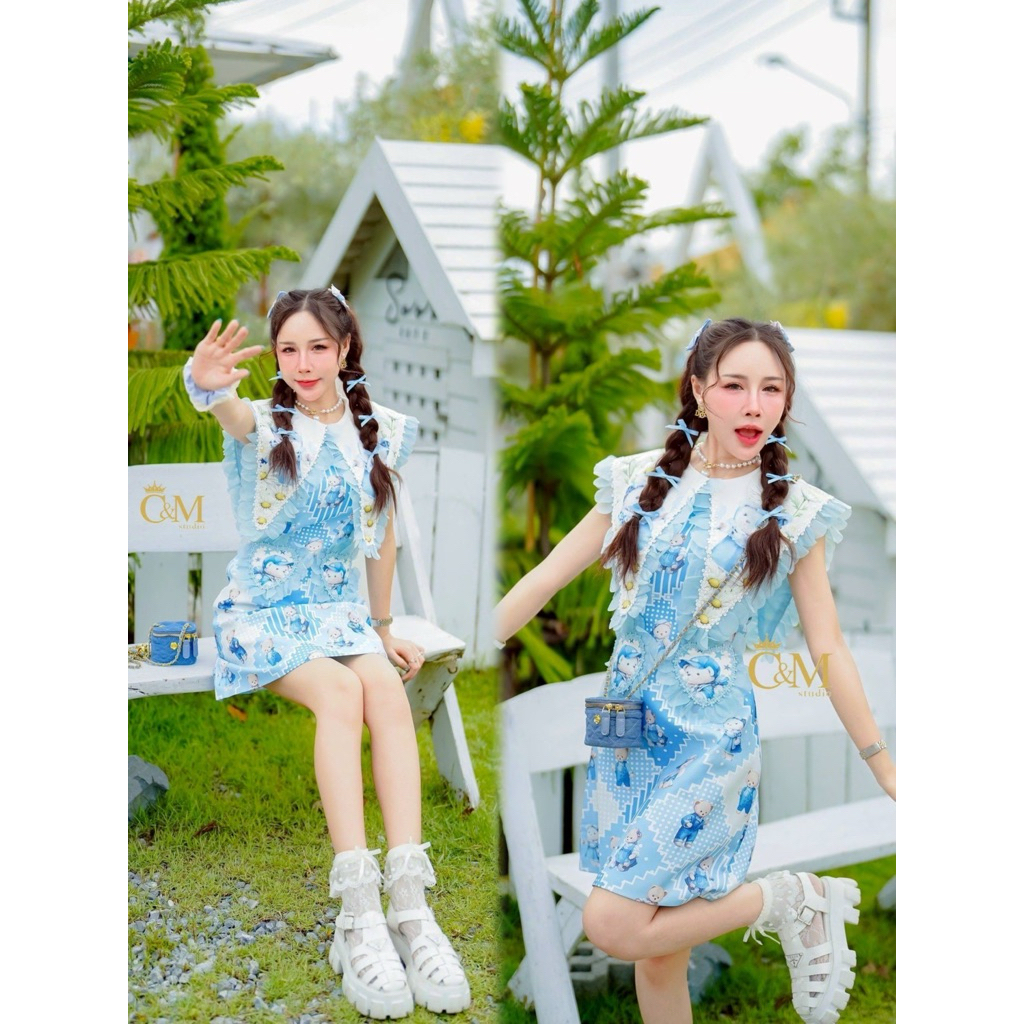 A743 🔖C&M STUDIO เดรสสั้น คอปกแหลม พิมพ์ลายน้องหมี