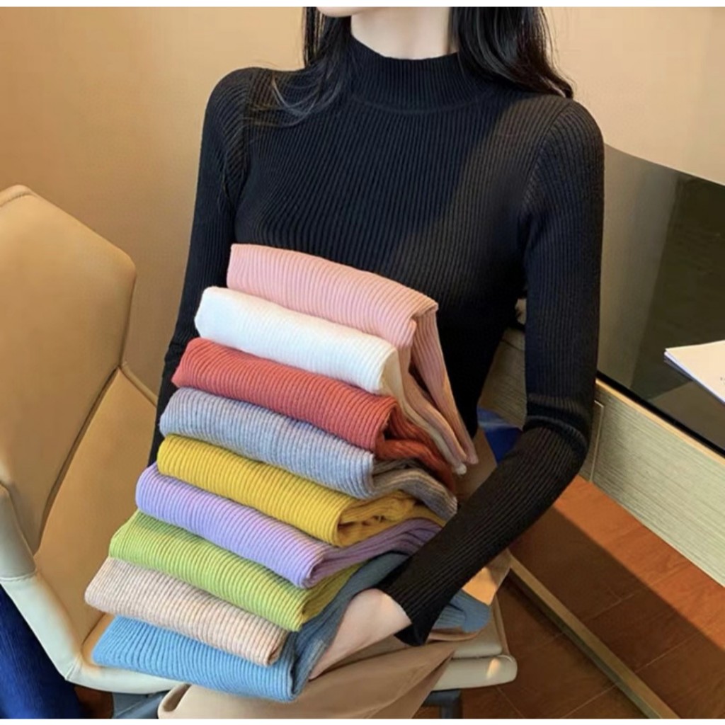 ไหมพรมช้อป จัดส่งรวดเร็ว เสื้อไหมพรม แขนยาว เสื้อคอเต่า สีพื้น ยืดได้ถึง 46 นิ้ว Freesize