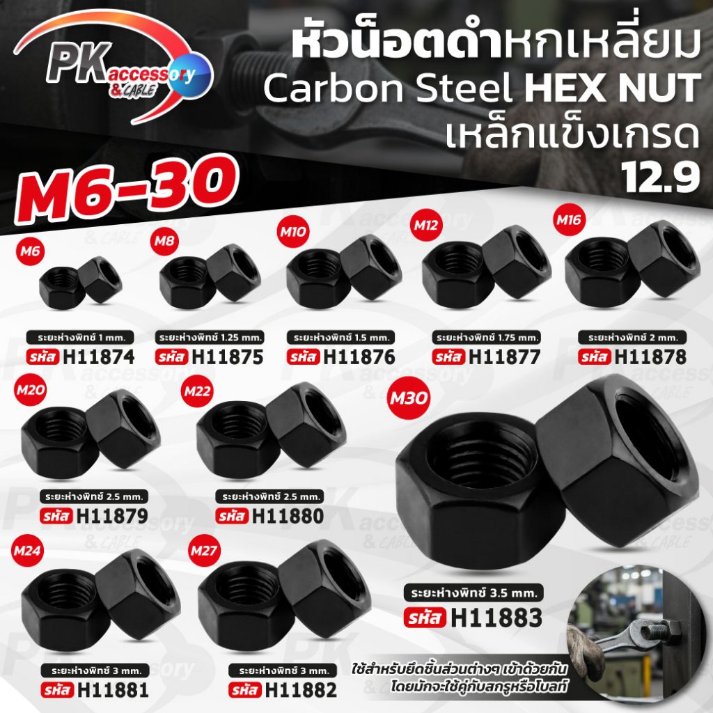 หัวน็อตหกเหลี่ยมดำ - ขนาด M6-M20 ชุบแข็ง เกรด 12.9 ราคาต่อชิ้น