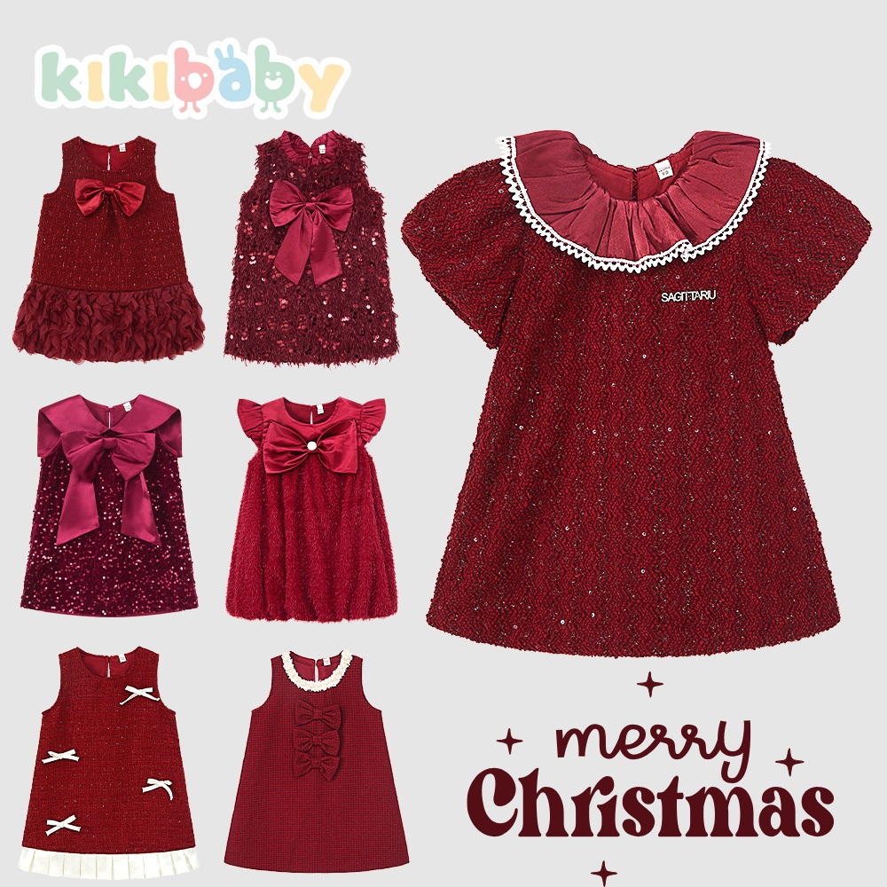 [90-150]พร้อมส่ง ชุดแดง ชุดคริสมาสต์ KIKIBABY เดรสสีแดงทวิส เดรสสีแดง ชุดออกงานเด็กผู้หญิง