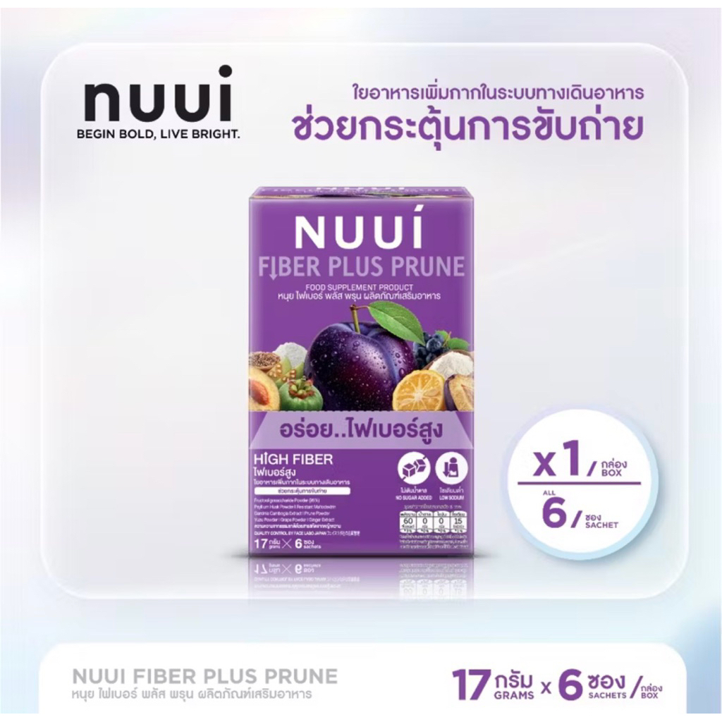 [กล่องละ10ซอง]NUUI FIBERRY PRUNE ไฟเบอร์ 12.000mg./ซอง ใยอาหาร ช่วยกระตุ้นการขับถ่าย  บรรจุ 10 ซอง
