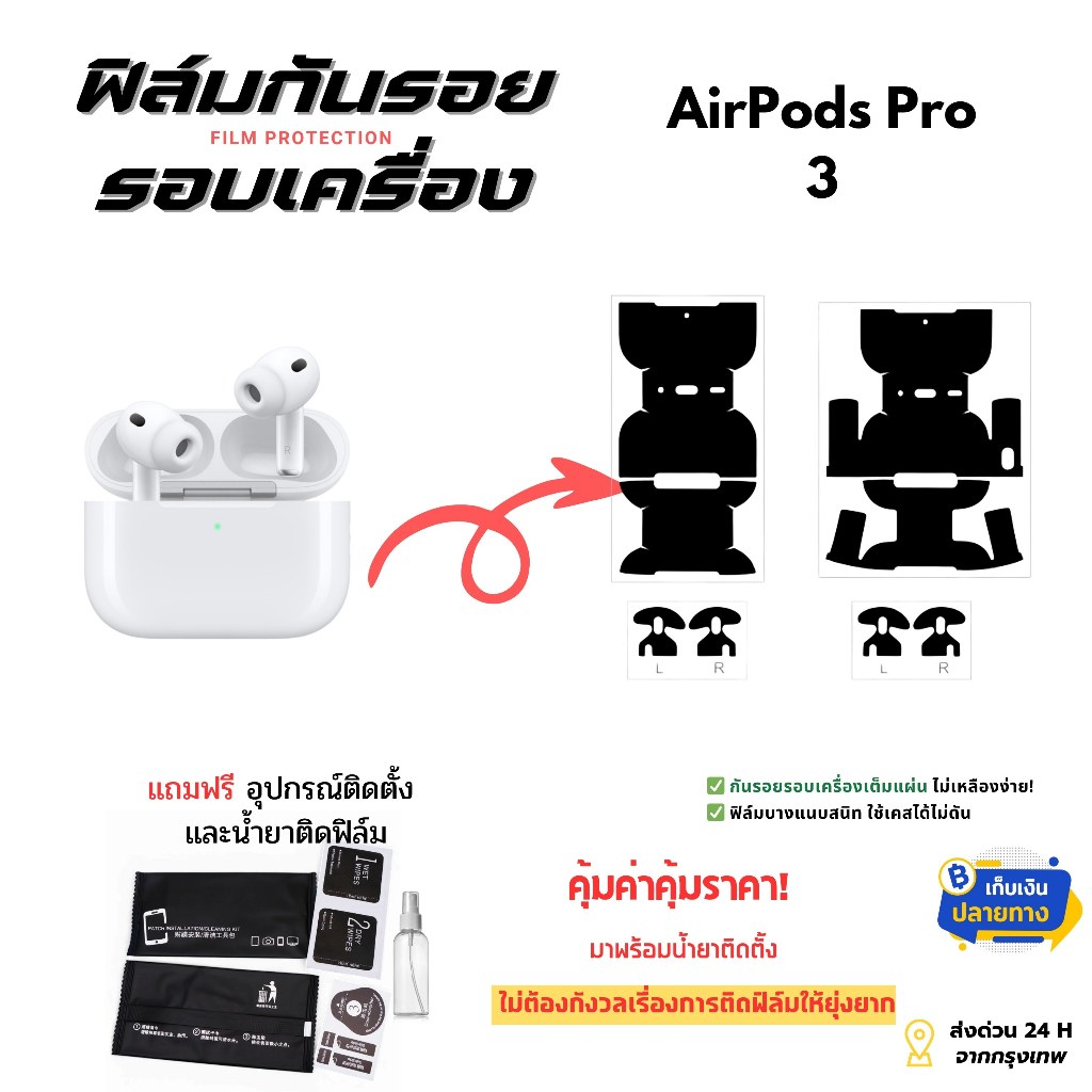 ฟิล์มกันรอยด้านหลังและขอบข้าง AirPods Pro 3 | ตัดตรงรุ่น ครอบคลุมรอบเคส ปกป้องเต
