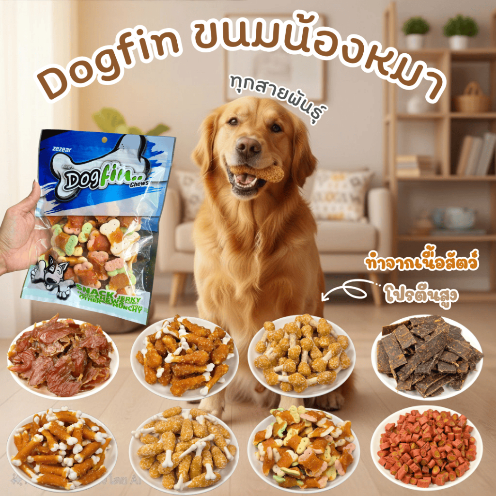 Dogfin (ด็อกฟิน) ขนมสำหรับน้องหมาทุกสายพันธุ์ ทำจากเนื้อจริง โปรตีนสูง แบบเยอะมาก!!