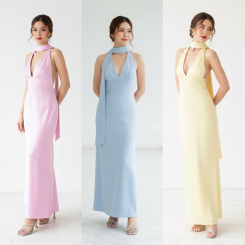 SDF088 ชุดเดรสยาวคล้องคอ เว้าหลัง มีผ้าพาดไหล่ ใส่ออกงาน สวยมากค่ะ