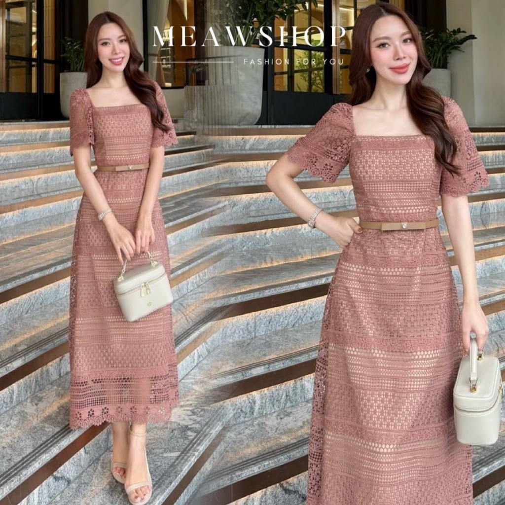 M L XL เดรสยาวคอเหลี่ยม แขนสั้น ผ้าลูกไม้ แขนตุ๊กตา ชุดทำงานผู้หญิง ใส่ไปเดท ootd ชุดออกงาน ชุดไปงาน