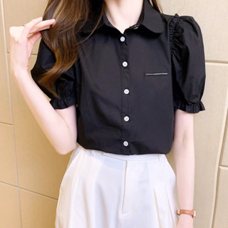 🚚พร้อมส่งจากไทย แขนฟองฝรั่งเศสแขนสั้นสีดำเสื้อผู้หญิง พลัสขน…