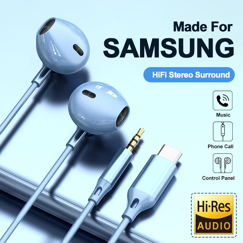 สำหรับหูฟัง Samsung HiFi Surround Sound In-ear Type C 3.5 มม. พร้อมการควบคุมสายฟังสายสำหรับ Galaxy S24 S23 earphones