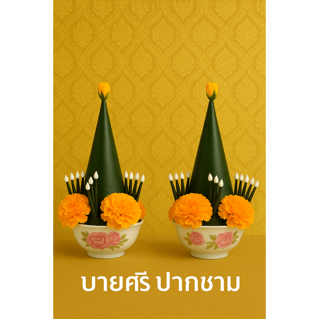 บายศรีปากชาม (คู่) บายศรีมงคลตั้งโต๊ะ สำหรับพิธีไหว้ครู  บูชาพระ พิธีมงคลต่างๆ ขนาด 15x27x27 ซม.