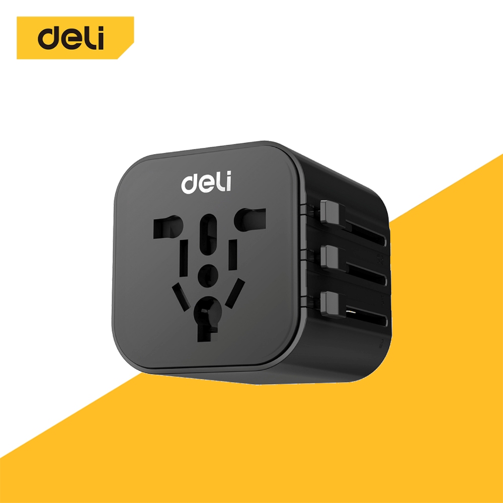 Deli หัวแปลงปลั๊กต่างประเทศ USB A+C ชาร์จเร็ว 75w อแดปเตอร์แปลงไฟ ปลั๊กแปลง Universal Travel Adapter