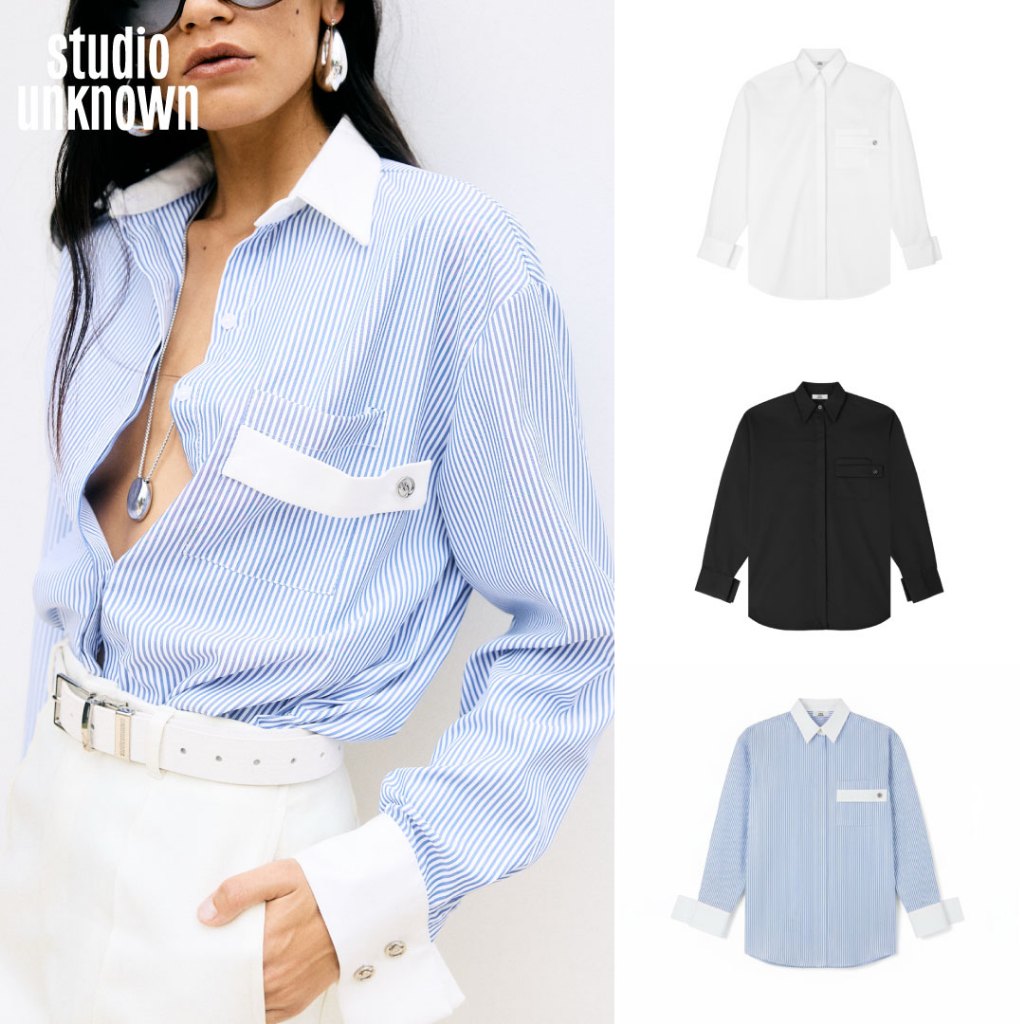 STUDIO UNKNOWN - Judie Wrapped Pocket Oversized Shirt เสื้อเชิ้ตโอเวอร์ไซส์ตกแต่งกระเป๋าและกระดุมโลโก้