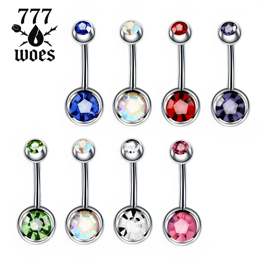 777WOESจิวสะดือสแตนเลสสีรุ้ง/สีดำ/สีน้ำเงิน/สีชมพูประดับเพชรคริสตัลแวววาวสวยงามแบบพื้นฐาน