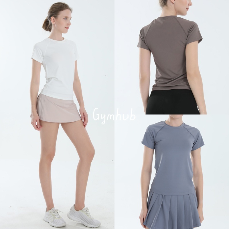 GYMHUB เสื้อกีฬาแขนสั้นสีพื้น ทรงสลิม ระบายอากาศได้ดี วิ่ง ฟิตเนส ปั่นจักรยาน สำหรับผู้หญิง