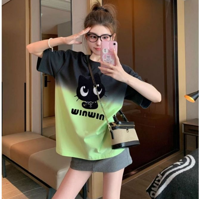 เสื้อยืดมัดย้อมสวยๆผู้หญิงฤดูร้อนใหม่ Oversize เสื้อผ้าสาวอวบไซส์ใหญ่น่ารักๆ แฟชั่นเกาหลี เสื้อโอเวอร์ไซส์คนอวบทรงหลวม