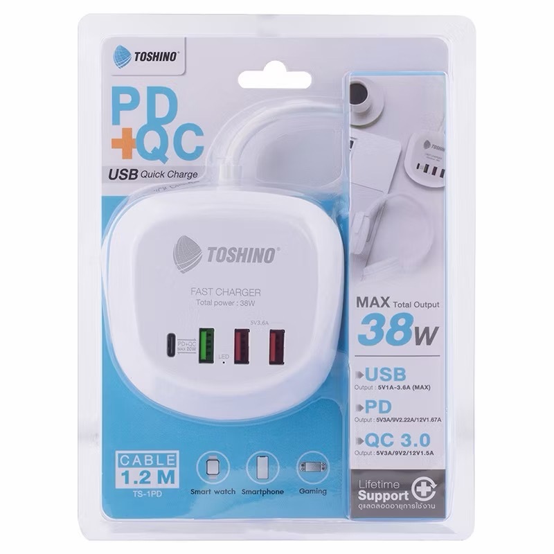 ปลั๊กไฟ Toshino 4ช่องUSB รุ่น TS-1PD ปลั๊ก PD+QC 20W,3USB กระแสไฟ(3.6A) สายยาว 1.2 เมตร กำลังไฟ 38W 