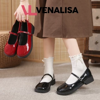 Venalisa แฟชั่น หนังแท้ แมรี่เจน Mary Jane รองเท้าส้นสูงผู้หญิง หัวกลม พื้นหนา ส้นหนา