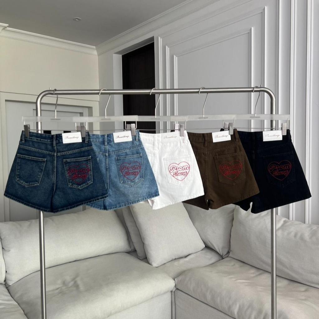 PTJ30287 กางเกงยีนส์ขาสั้นเอวสูงทรง Hot pants ปักหัวใจ PROMTHONG ราคา ถูกที่สุด ดีลบีเคเค