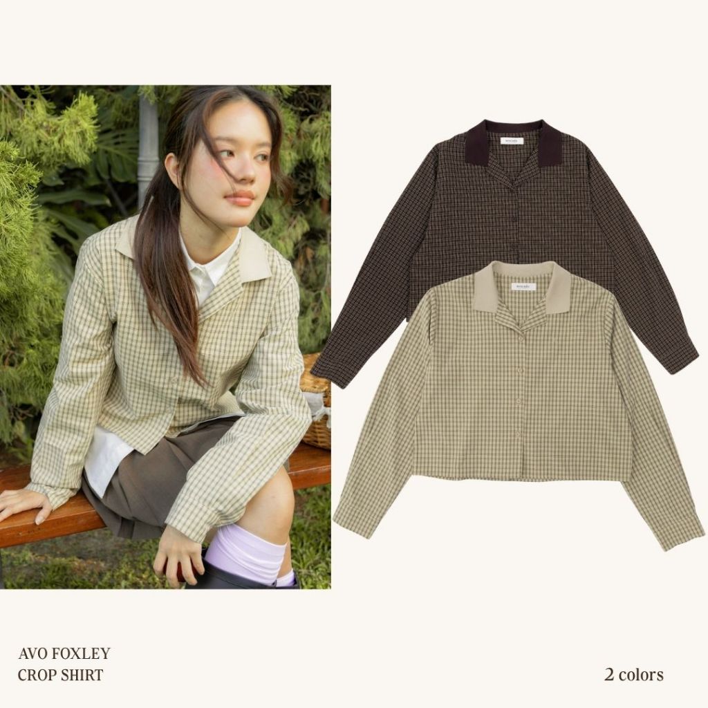 avo เสื้อเชิ้ตทรงครอปลายสก็อต foxley crop shirt