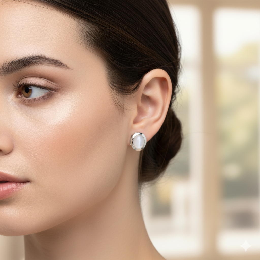 ต่างหูพลอยมูนสโตน ( Moonstone ) ตัวเรือนเงินแท้92.5% ชุบทอง พลอยแท้จากประเทศศรีลังกา