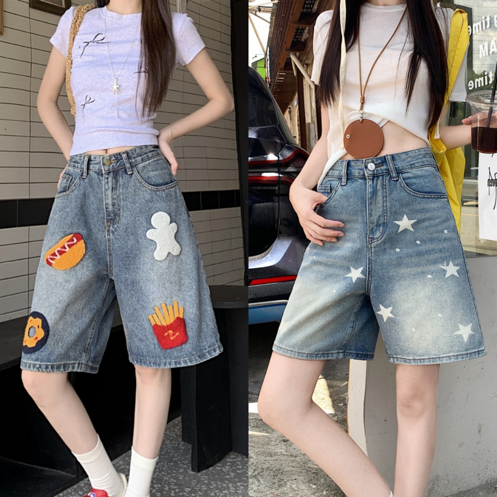 กางเกงยีนส์ลายดาวย้อนยุค กางเกงขาสั้นยีนส์ กางเกงขายาวทรงหลวมและเข้ารูปสำหรับผู้หญิง