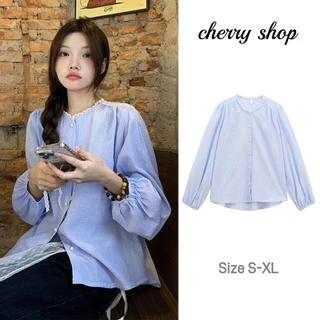 cherryshop พร้อมส่ง เสื้อแฟชั่นเชิ้ตผู้หญิงเกาหลีสีน้ำเงิน กระดุมมุกคอกลม เสื้อน่ารักๆแขนยาวลายทาง หลวมและบาง สไตล์หวานๆ