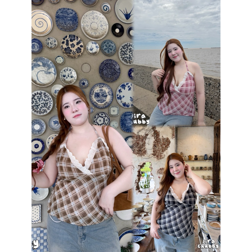 JIRA CHUBBY เสื้อคล้องคอ ลายสก็อตสาวอวบ สม็อคหลังยืดเยอะ แต่งลูกไม้รอบอก