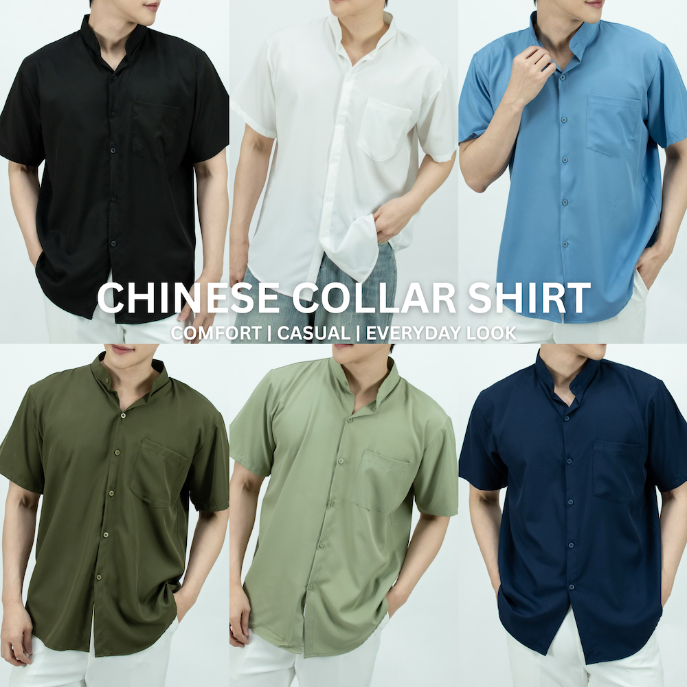 [ส่งทันที กทม.1 วัน] S19: เสื้อเชิ้ตคอจีนแขนสั้น สีพื้น รุ่นมีกระเป๋า มีไซซ์ M-4XL รีดง่าย ยับยาก ไม่ยืดไม่ย้วย ผ้านิ่ม