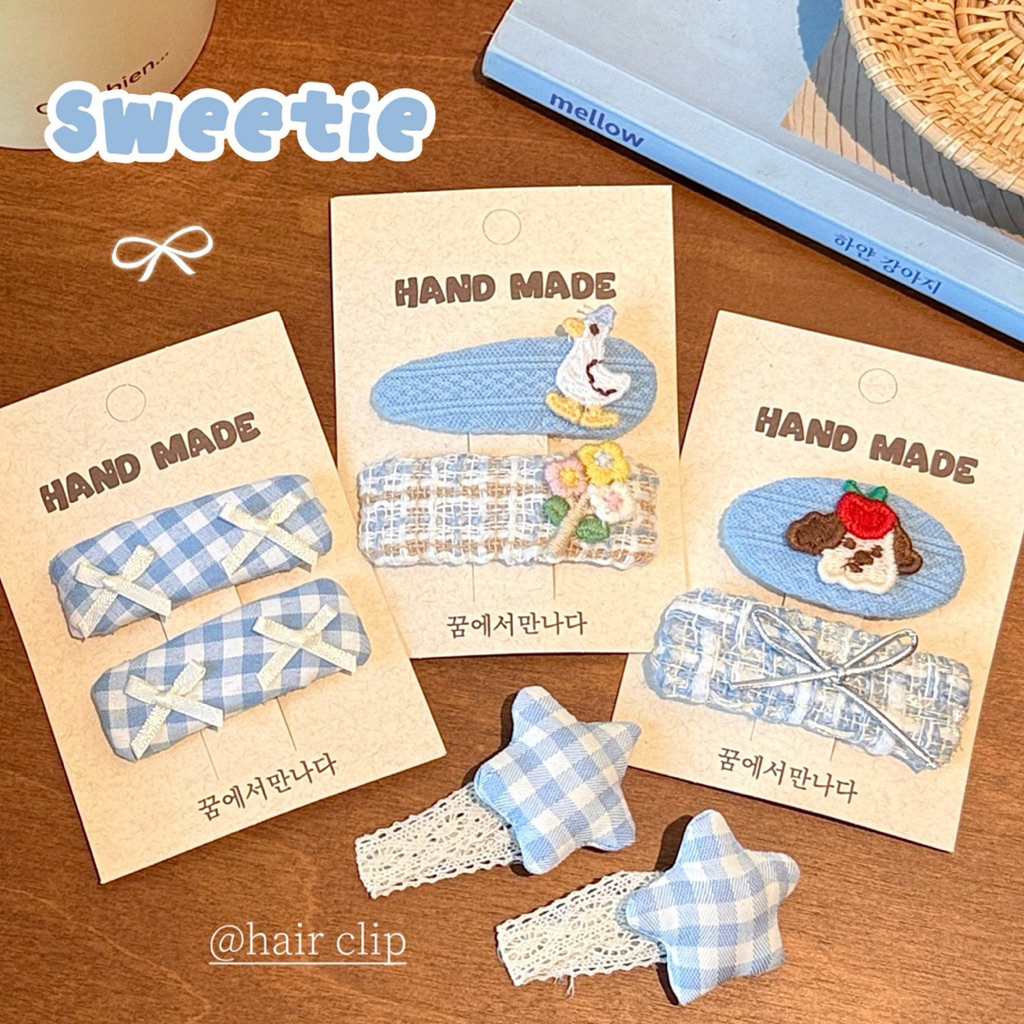 Cute 427 กิ๊บติดผม กิ๊บหนีบผมลายสก๊อตสีฟ้า สไตล์เกาหลี 2 ชิ้น/แพ็ค