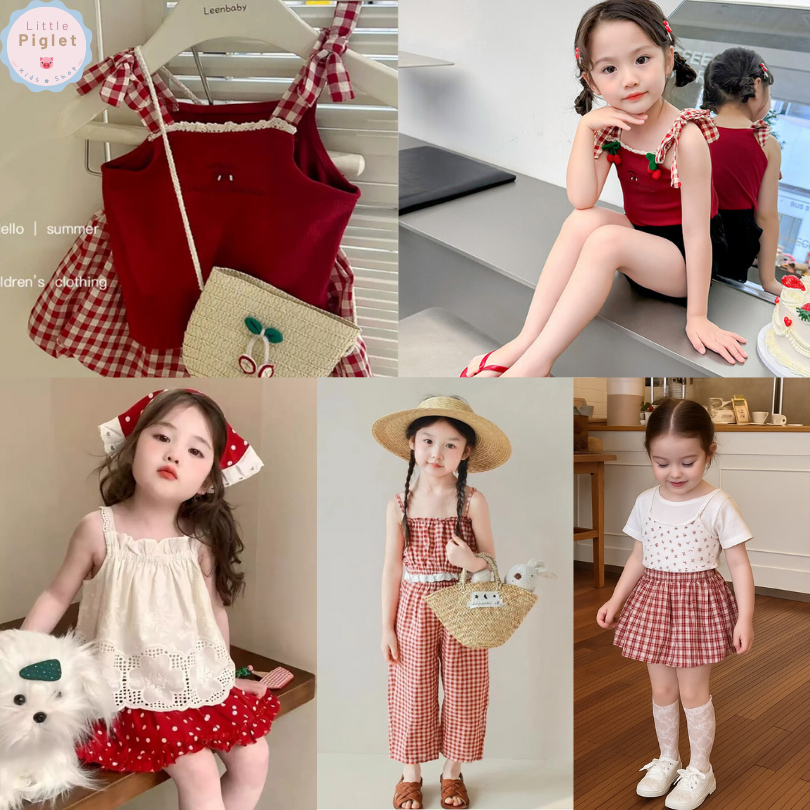 Little Piglet 🐷 พร้อมส่ง ชุดเซ็ต เสื้อสายเดี่ยว กางเกงขาสั้น ขายาว สีแดง ลายสก๊อต น่ารัก เด็กผู้หญิง