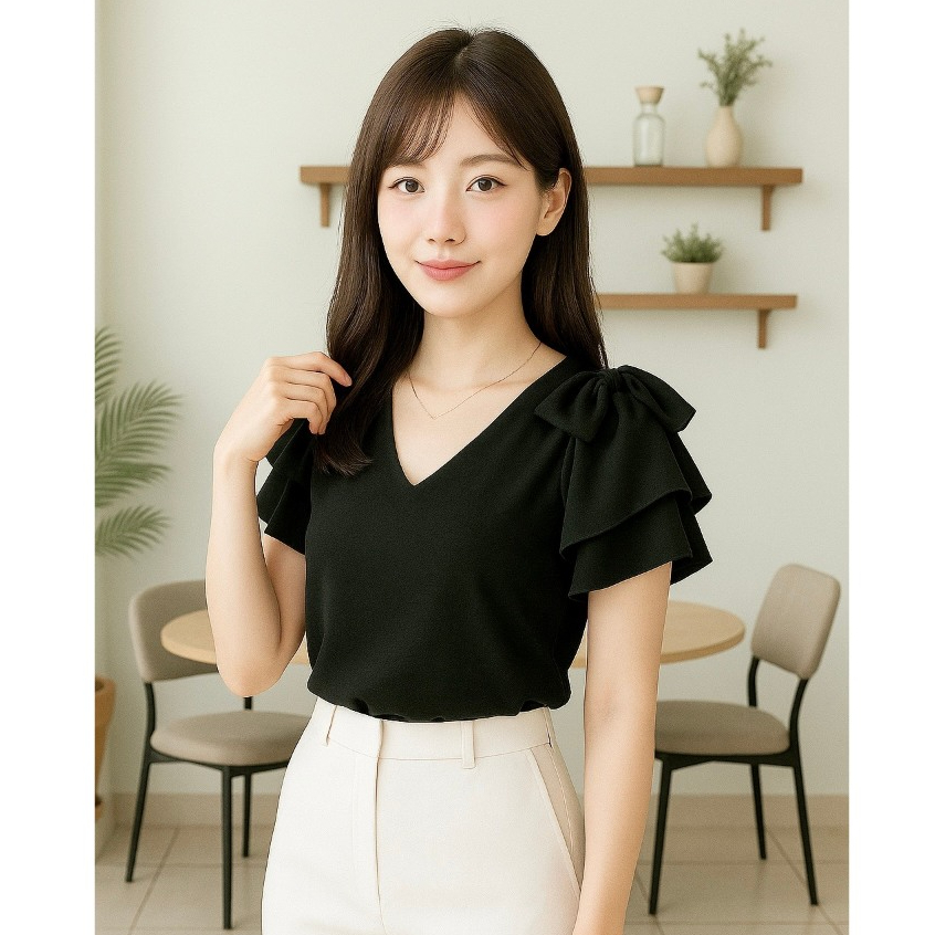 🇹🇭  เสื้อคอวี🎀โบว์ไหล่ แขน2ชั้น V-Bow Layer Top | เสื้อโบว์ไหล่ 🔴ส่งไว🔴⚡ 👉เก็บโค้ดหน้ากิจกรรม โค้ดลด 30% สูงสุด 150.-