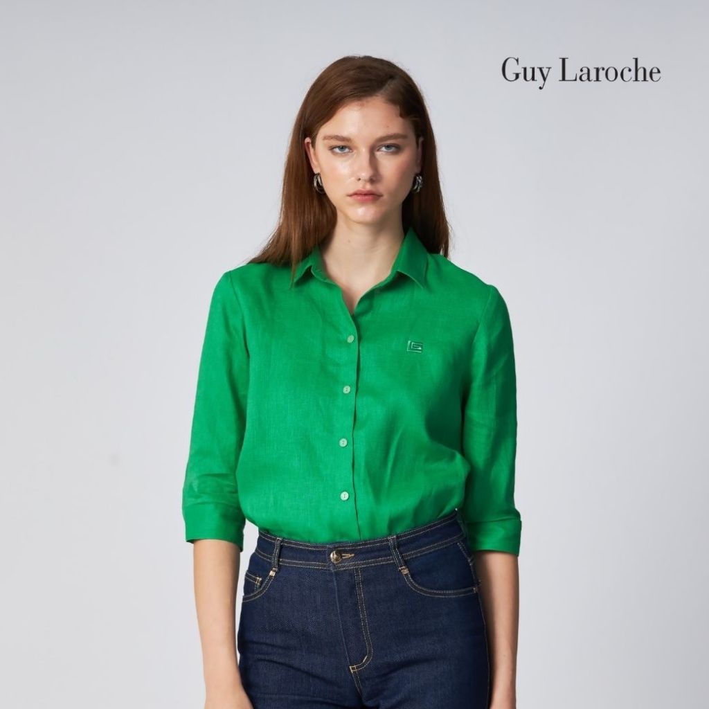 Guy laroche เสื้อเชิ้ตผู้หญิง Light Linen แขนสามส่วน สีเขียว G9U1DR