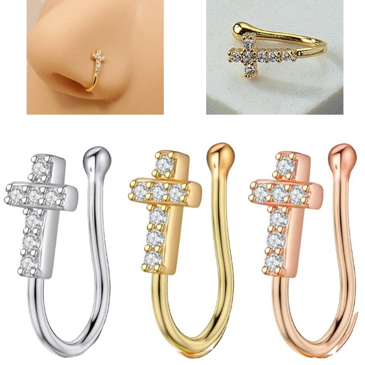 ห่วงจมูก ไม่ต้องเจาะ Nose Clip Perforated Nose Ring Cross Inlaid Zircon Fake Nose Ring Jewelry - 1 ช