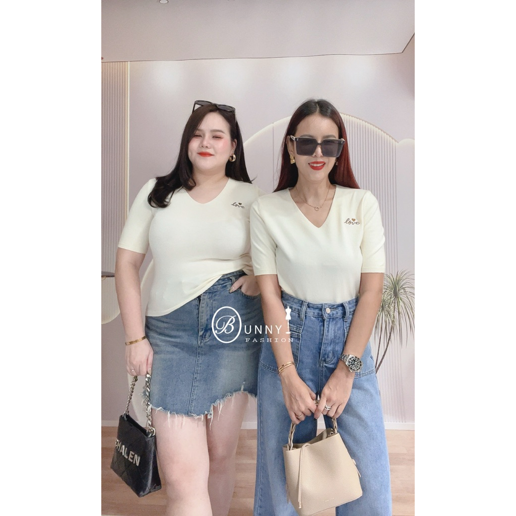 A209 Bunnyfashion เสื้อไหมพรมคอวีแขนสั้นปักLove ผ้าไหมพรมSupersoft