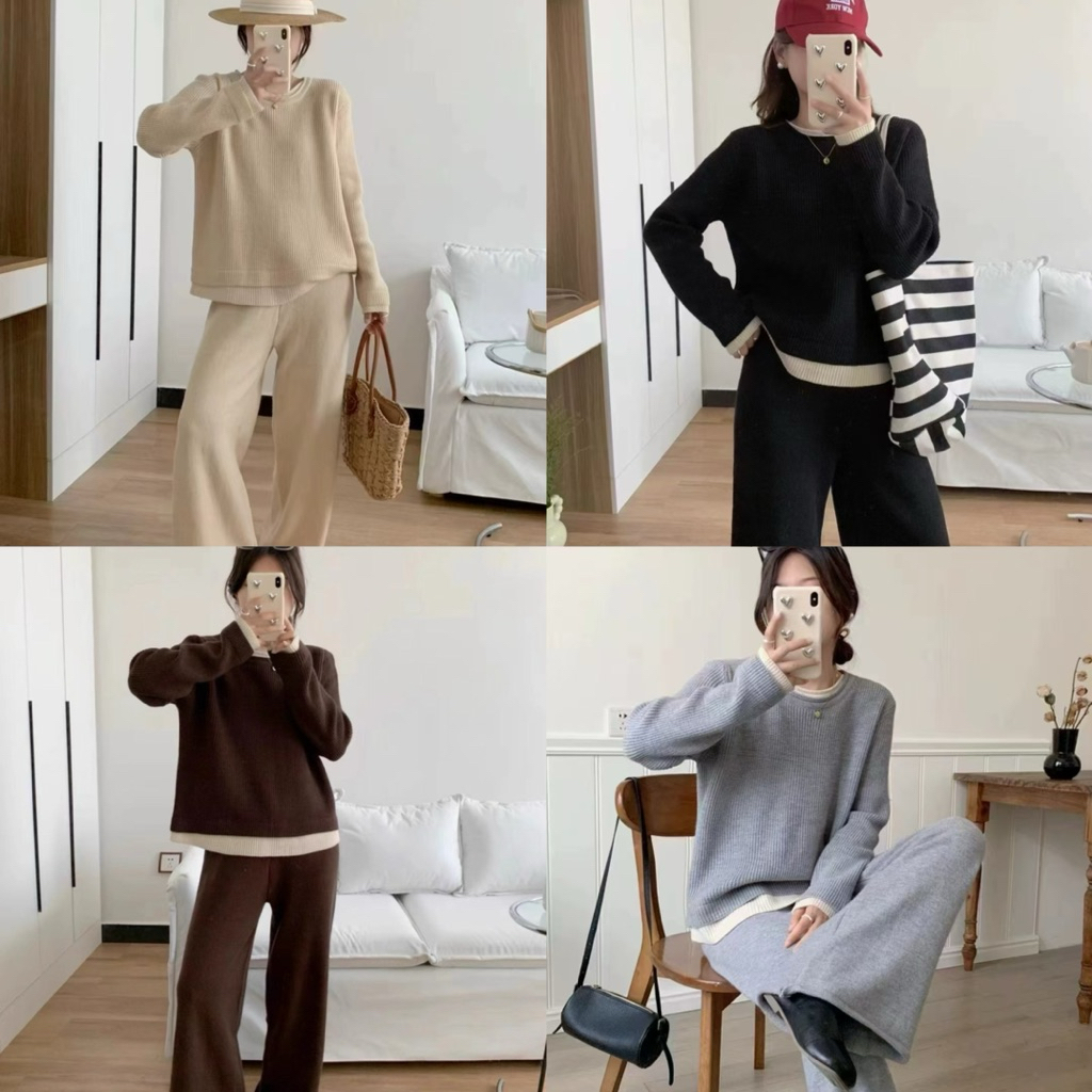 80229# Knitting set  Set 2 pcs เสื้อคอกลมแขนยาว+ กางเกงขายาว เนื้อผ้าไหมพรมอย่างดี ใส่สบายใส่เที่ยว
