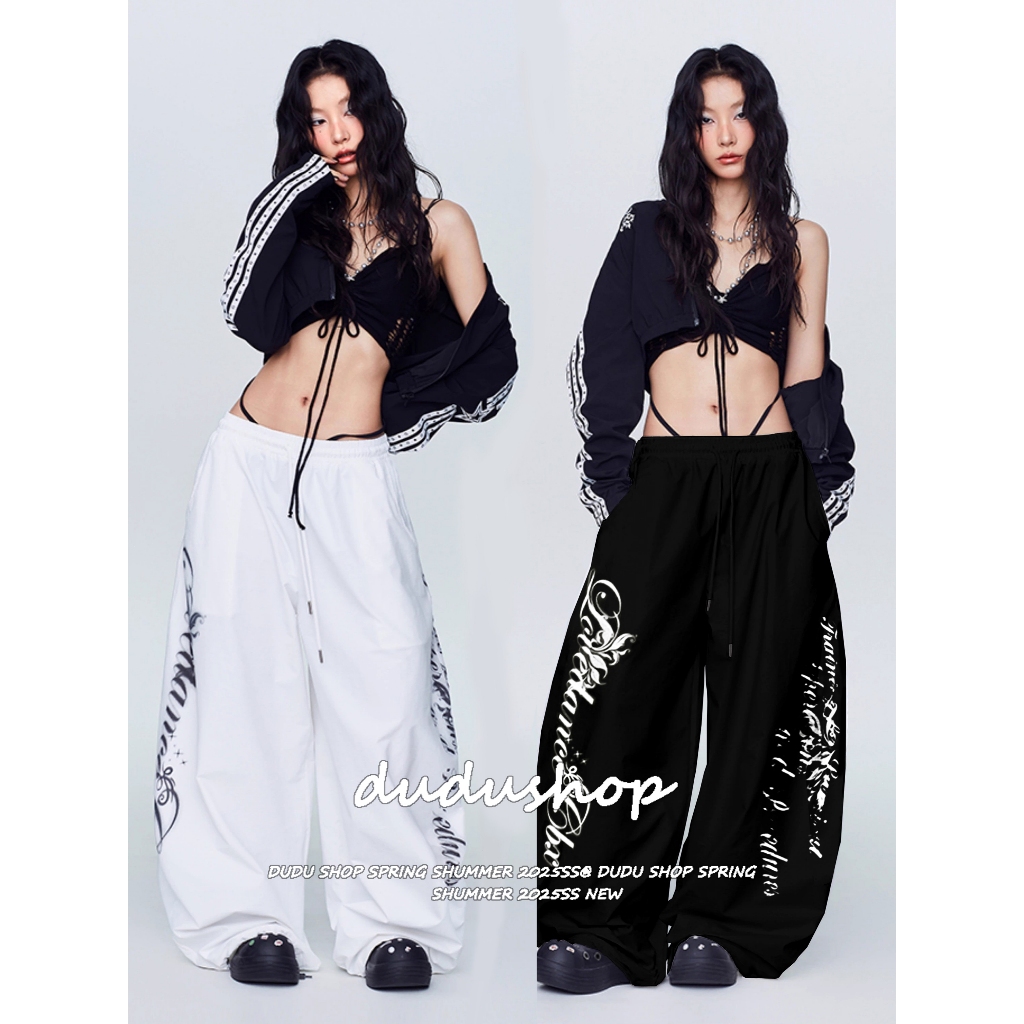 [Letter print, wide-leg athletic pants]กางเกงกีฬาขากว้างลำลองพิมพ์ลายตัวอักษรสไตล์สตรีทสำหรับผู้หญิง
