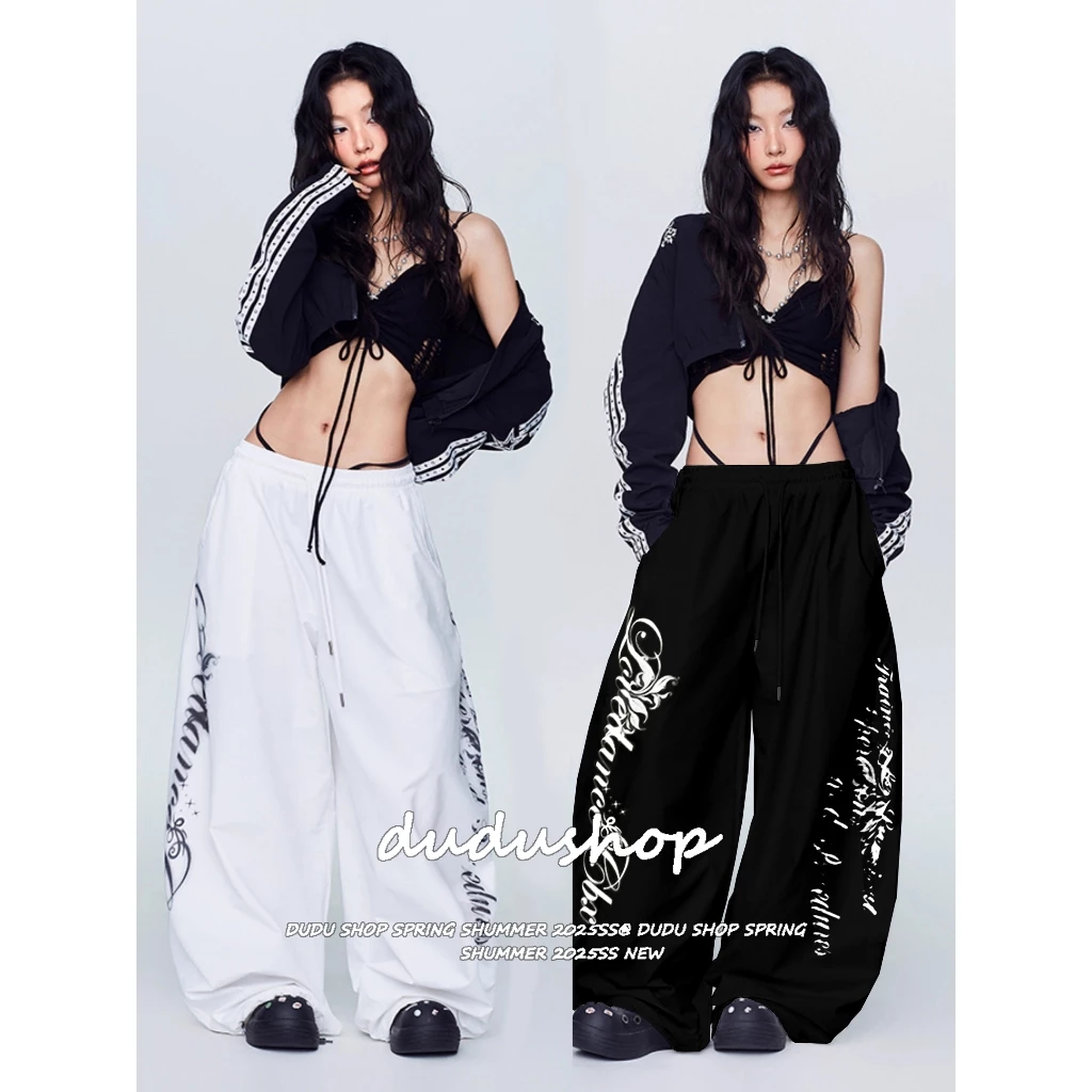 [Letter print, wide-leg athletic pants]กางเกงกีฬาขากว้างลำลองพิมพ์ลายตัวอักษรสไตล์สตรีทสำหรับผู้หญิง