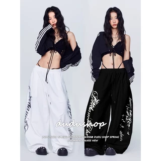 [Letter print, wide-leg athletic pants]กางเกงกีฬาขากว้างลำลองพิมพ์ลายตัวอักษรสไตล์สตรีทสำหรับผู้หญิง