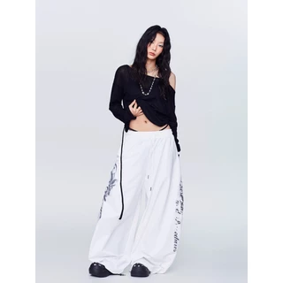 [Letter print, wide-leg athletic pants]กางเกงกีฬาขากว้างลำลองพิมพ์ลายตัวอักษรสไตล์สตรีทสำหรับผู้หญิง