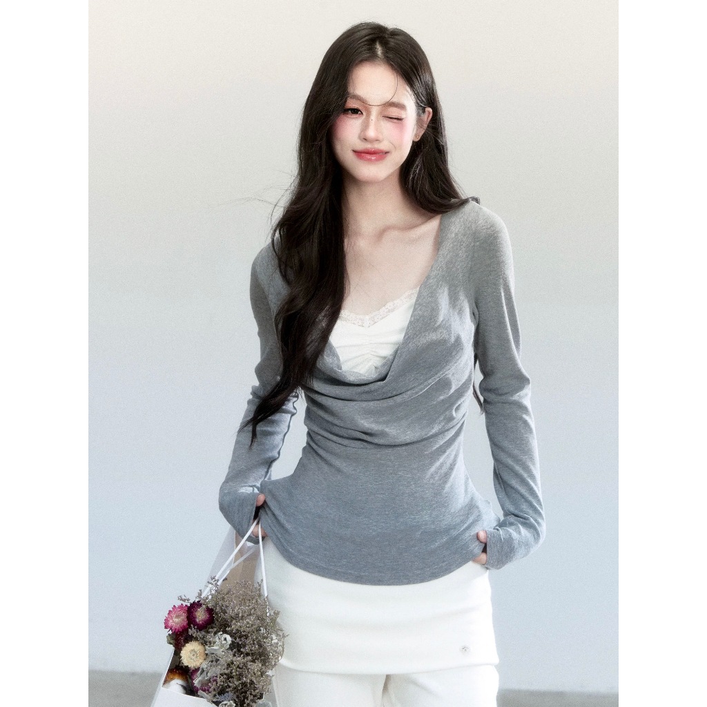 Fragile Heart - Gray Floral Pattern Faux Two-Piece Slim Fit Knit Top